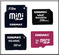 mini SD 512MB, MicroSD 256MB, MMC Mobile 256MB, RS MMC 512MB