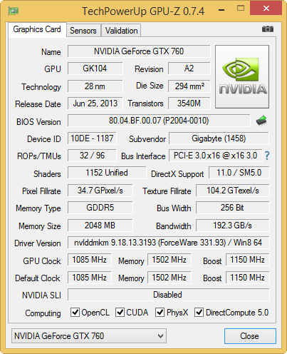 GPU-z Gigabyte GV-N760OC-2GD