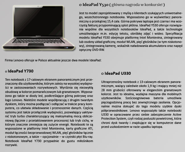 Nagroda gwna Lenovo  model IdeaPad Y530